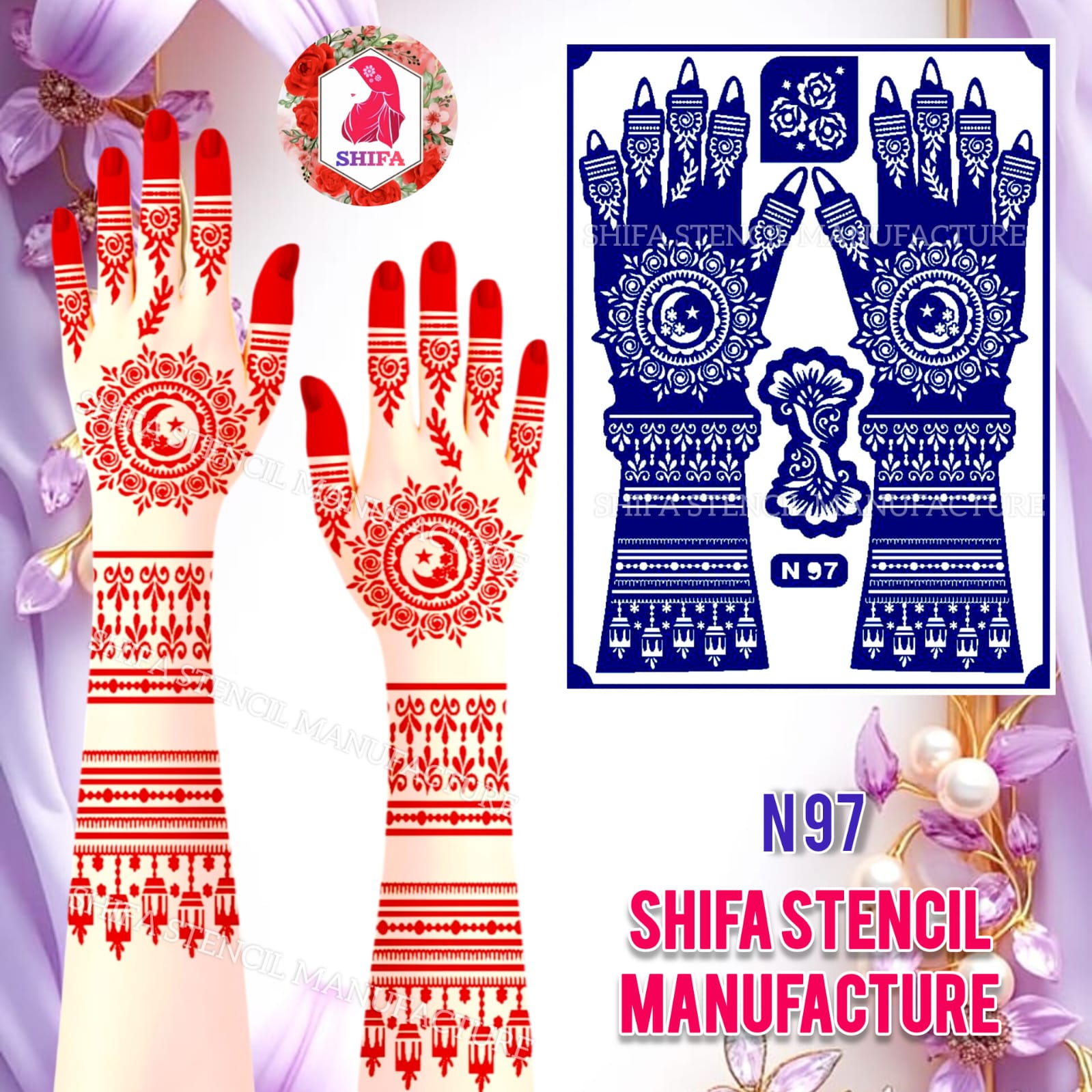 N 97 Divine Crescent Moon Mandala Henna Stencil Sticker Overview Henna Stencil - Shifa Stencil
